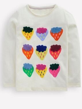 Mini Boden Cream Long-Sleeve Tee with Multicolor Strawberry Appliqués